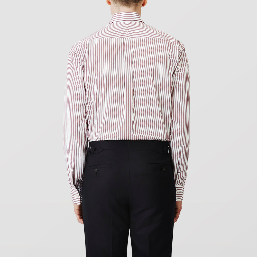 The Turnbull & Asser Burgundy Stripe Weekend Fit Shirt features a Derby collar, 1-button cuffs, and vertical burgundy and white stripes, shown laid flat on a plain light background.