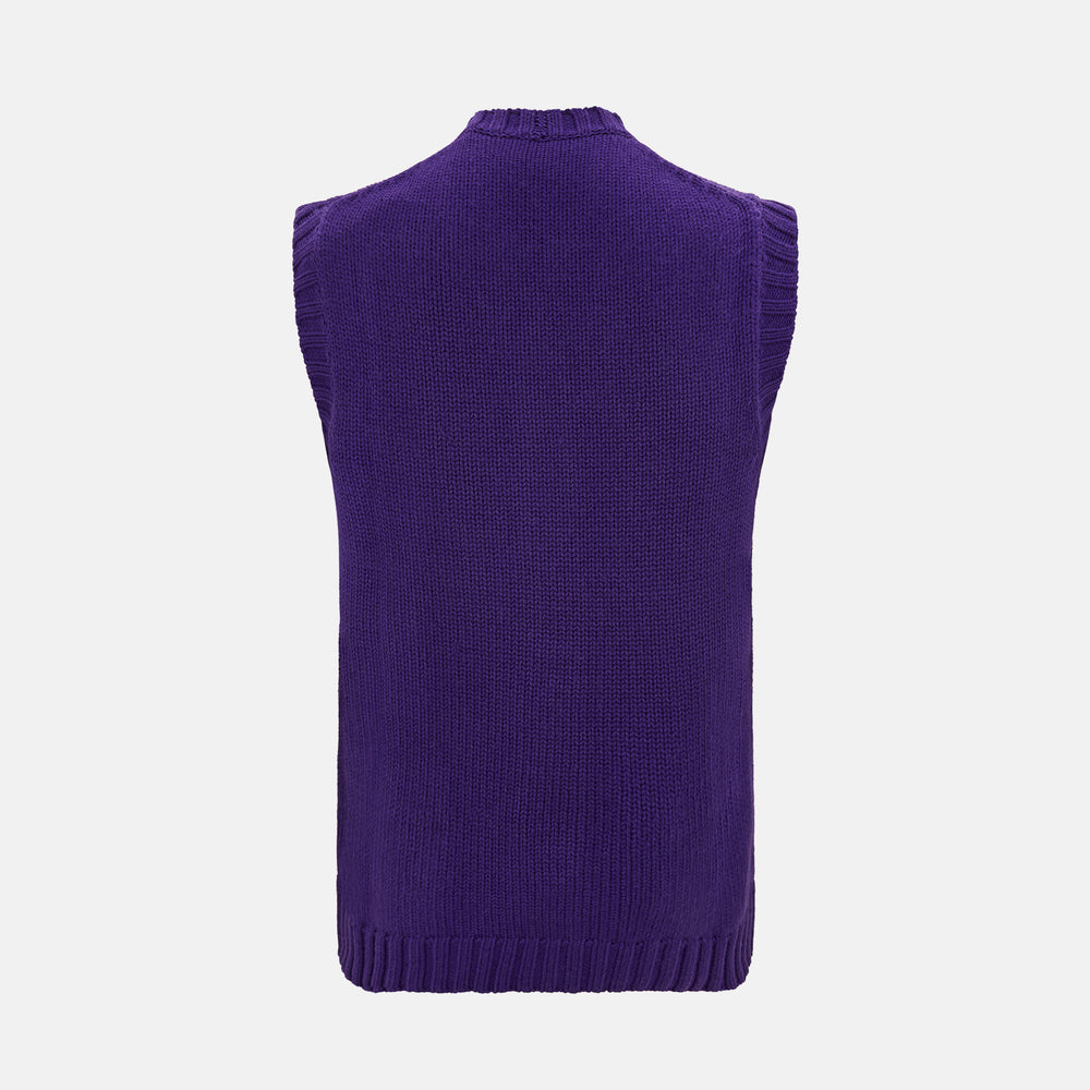 The Turnbull & Asser Purple Merino V-Neck Sleeveless Cardigan features a ribbed collar, button-down front, and two pockets—a refined light layer for gentlemen—shown on a plain white background.
