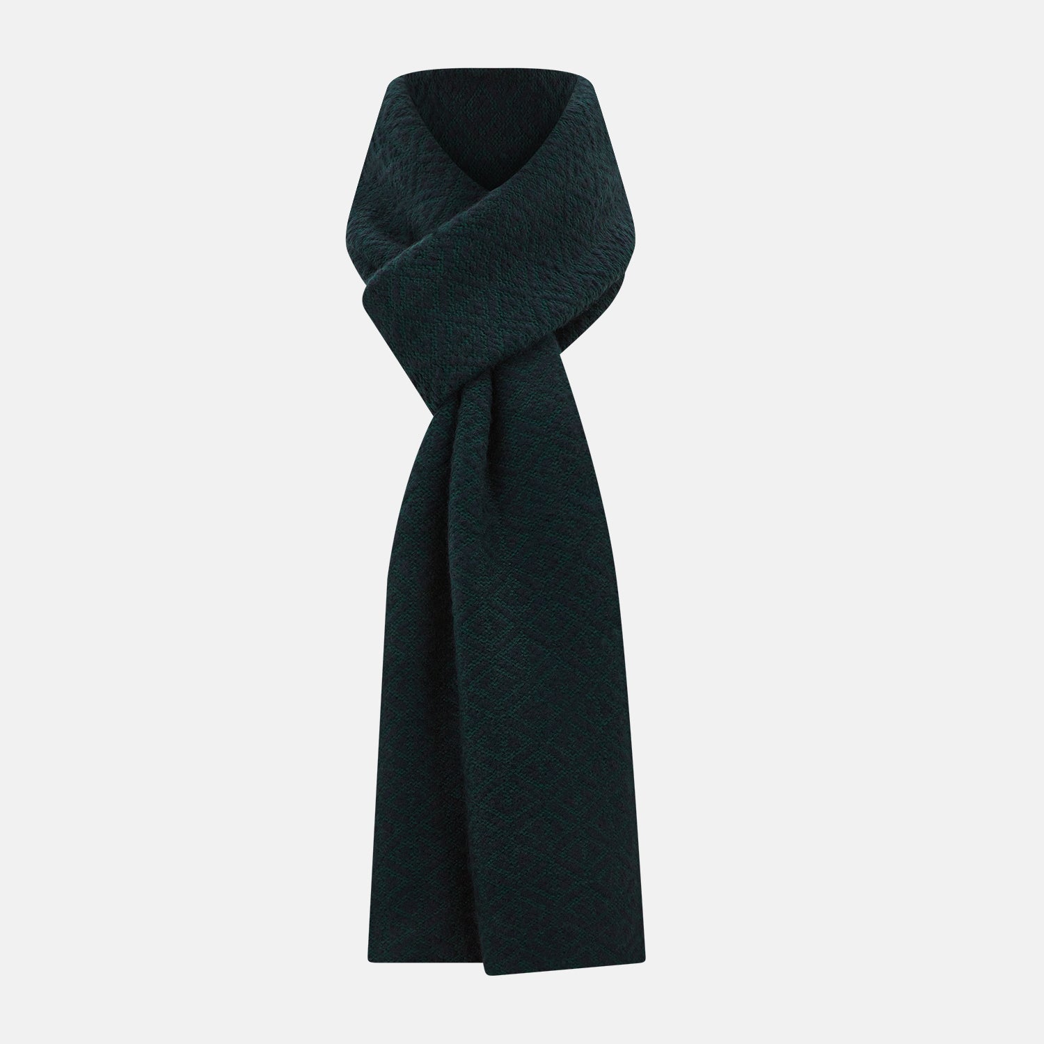 View 1 of product The Turnbull & Asser Navy Blue and Forest Green Diamond-Patterned Cashmere Knitted Scarf features a subtle textured design, shown loosely draped with ends hanging down—an essential, stylish addition to any cool-weather wardrobe.