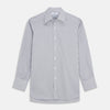 View 1 of product The Turnbull & Asser Pale Blue Multi Stripe Cotton Regular Fit Mayfair Shirt features long sleeves, a pointed collar, buttoned cuffs, and vertical stripes in pale blue tones, displayed against a white background.