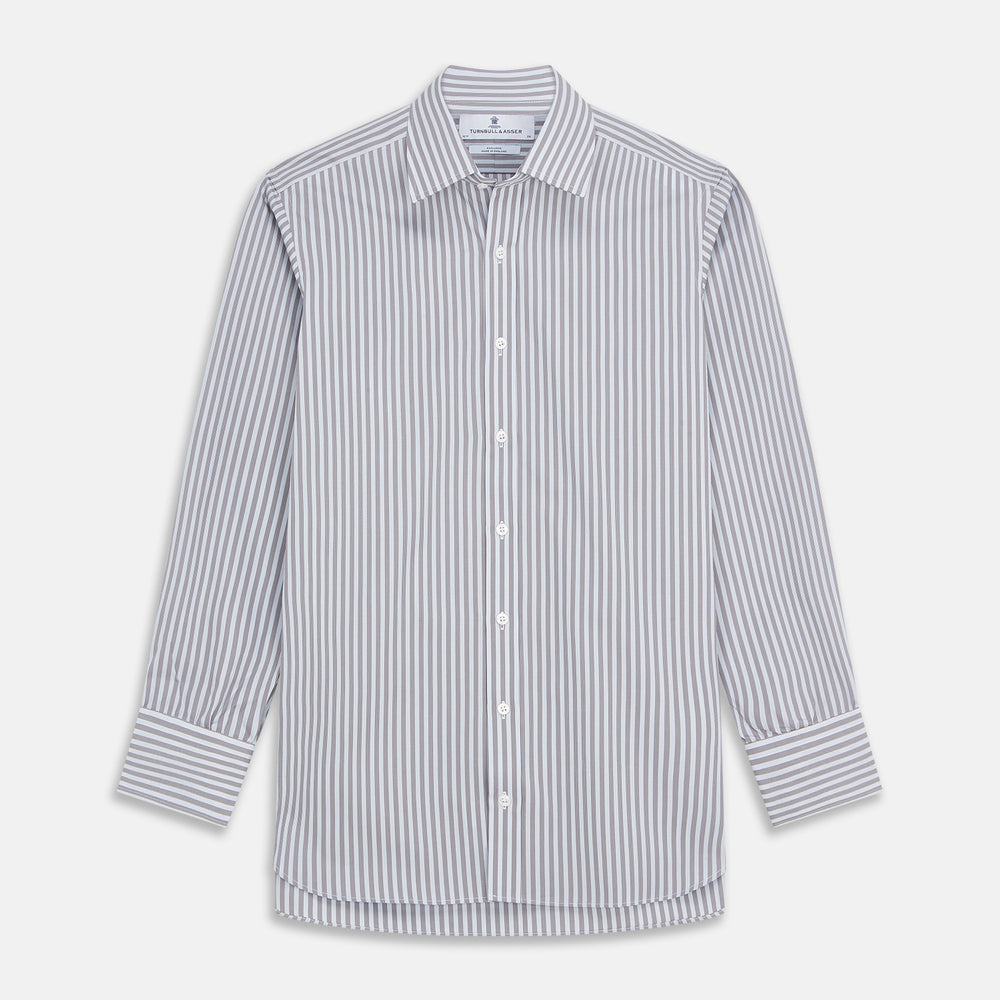The Turnbull & Asser Pale Blue Multi Stripe Cotton Regular Fit Mayfair Shirt features long sleeves, a pointed collar, buttoned cuffs, and vertical stripes in pale blue tones, displayed against a white background.