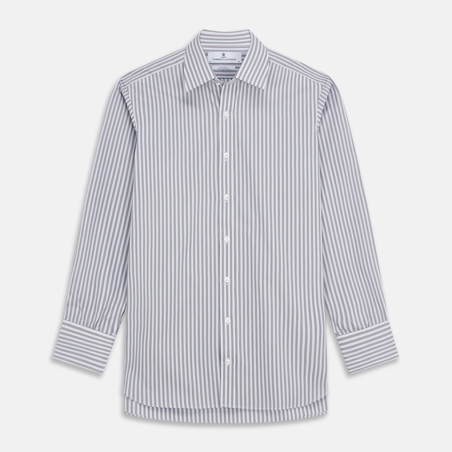 View 1 of product The Turnbull & Asser Pale Blue Multi Stripe Cotton Regular Fit Mayfair Shirt features long sleeves, a pointed collar, buttoned cuffs, and vertical stripes in pale blue tones, displayed against a white background.