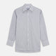 The Turnbull & Asser Pale Blue Multi Stripe Cotton Regular Fit Mayfair Shirt features long sleeves, a pointed collar, buttoned cuffs, and vertical stripes in pale blue tones, displayed against a white background.