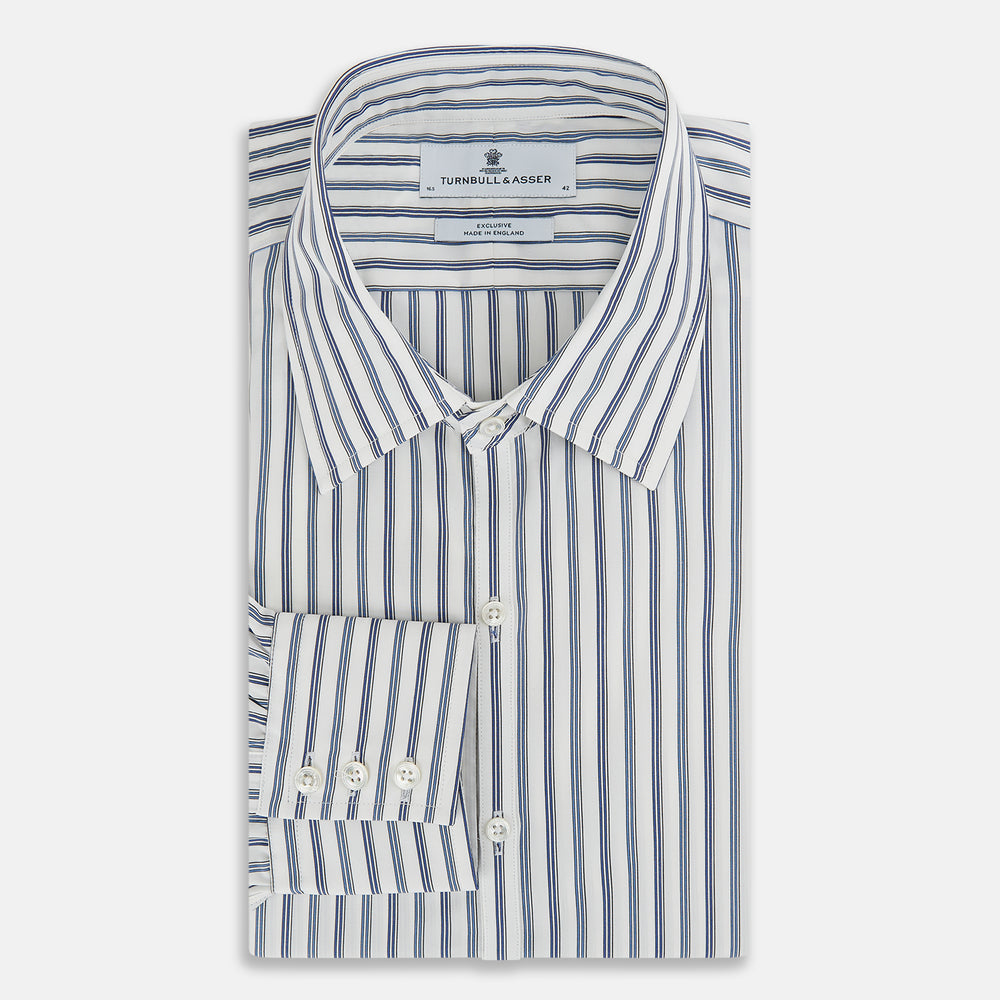 The Sapphire Blue Multi Track Stripe Westminster Shirt by Turnbull & Asser features a turnbull collar and vertical stripes, elegantly displayed flat against a white background—an ideal example of British craftsmanship.