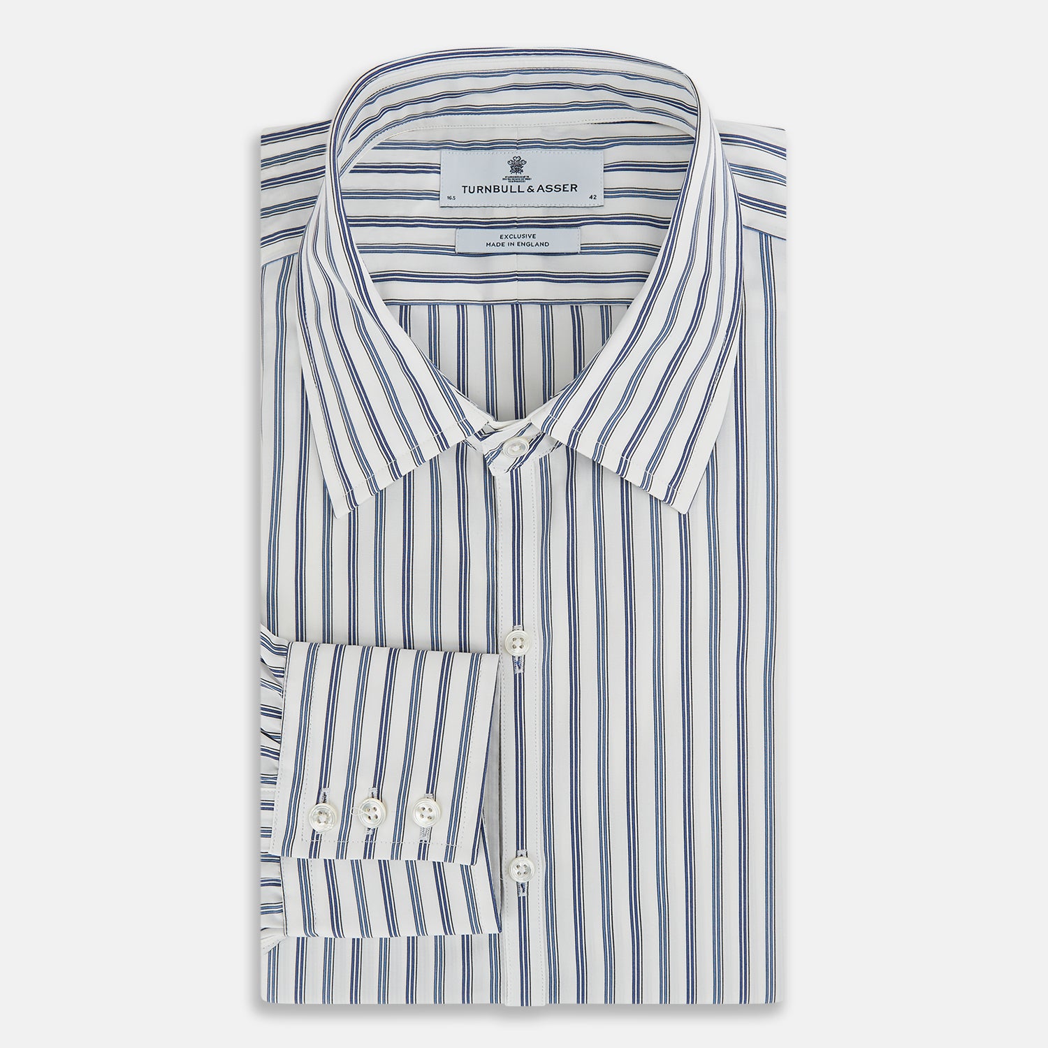 View 5 of product The Sapphire Blue Multi Track Stripe Westminster Shirt by Turnbull & Asser features a turnbull collar and vertical stripes, elegantly displayed flat against a white background—an ideal example of British craftsmanship.