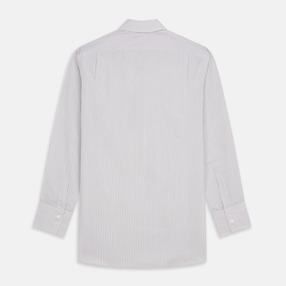 The Turnbull & Asser Sandstone Multi Stripe Cotton Regular Fit Mayfair Shirt, featuring long sleeves, button-up front, chest pocket, and classic collar with subtle white and light gray vertical pinstripes, is laid flat on a white background.