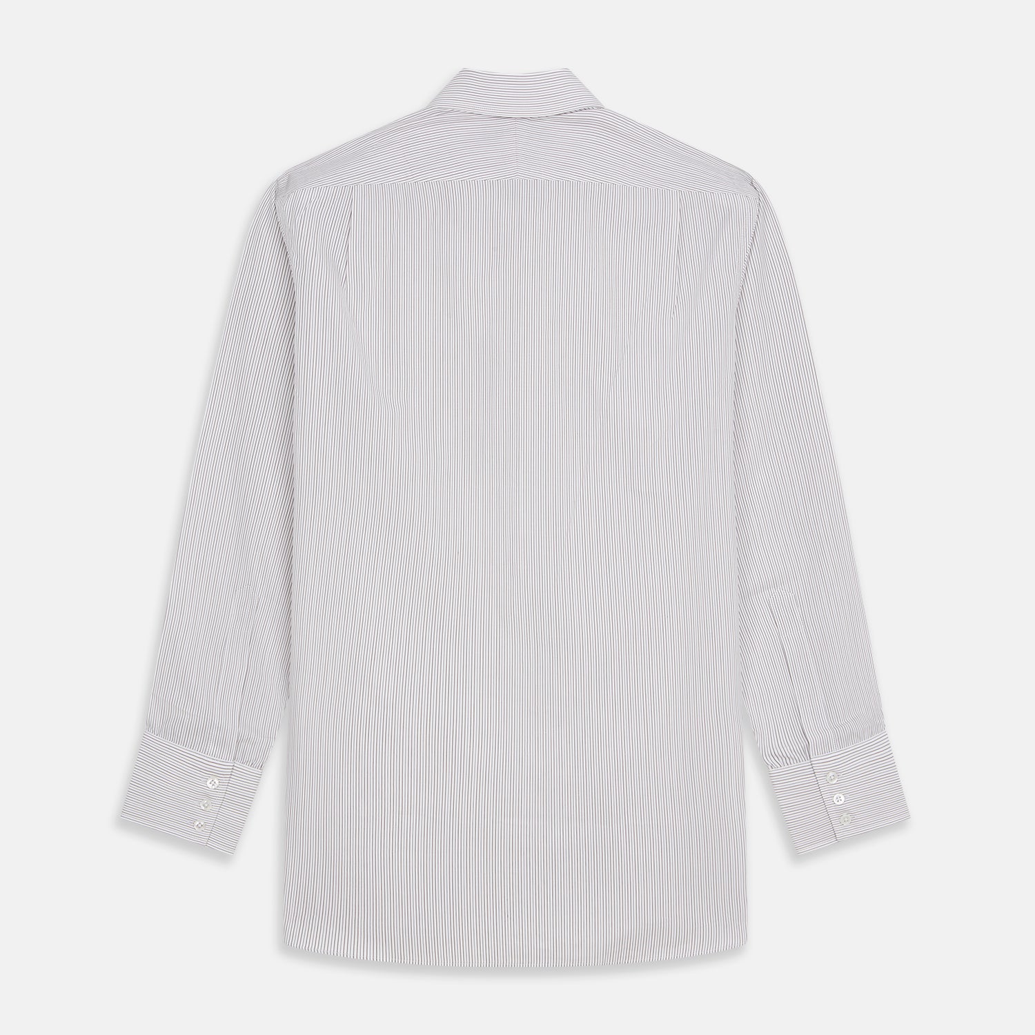 View 5 of product The Turnbull & Asser Sandstone Multi Stripe Cotton Regular Fit Mayfair Shirt, featuring long sleeves, button-up front, chest pocket, and classic collar with subtle white and light gray vertical pinstripes, is laid flat on a white background.