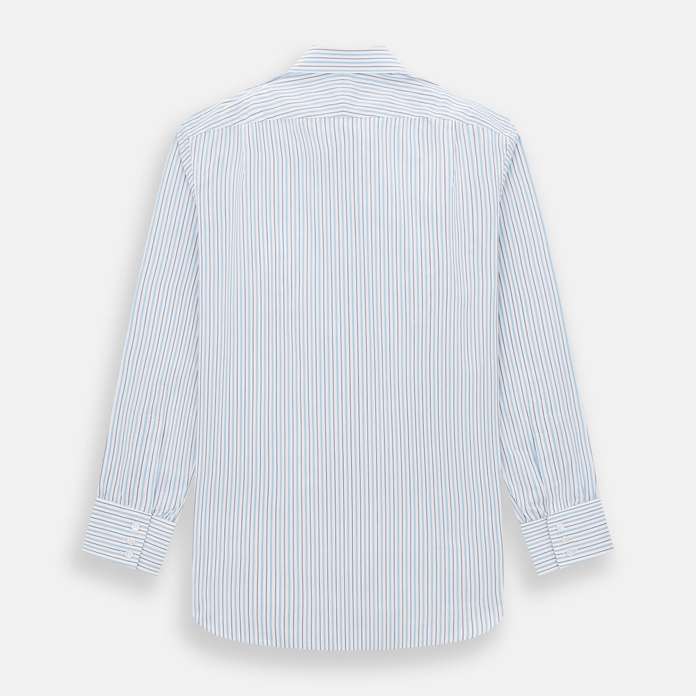 The Turnbull & Asser Blue Multi Halo Stripe Mayfair Shirt features long sleeves, a T&A collar with pointed tips, and buttoned cuffs, shown on a plain white background.