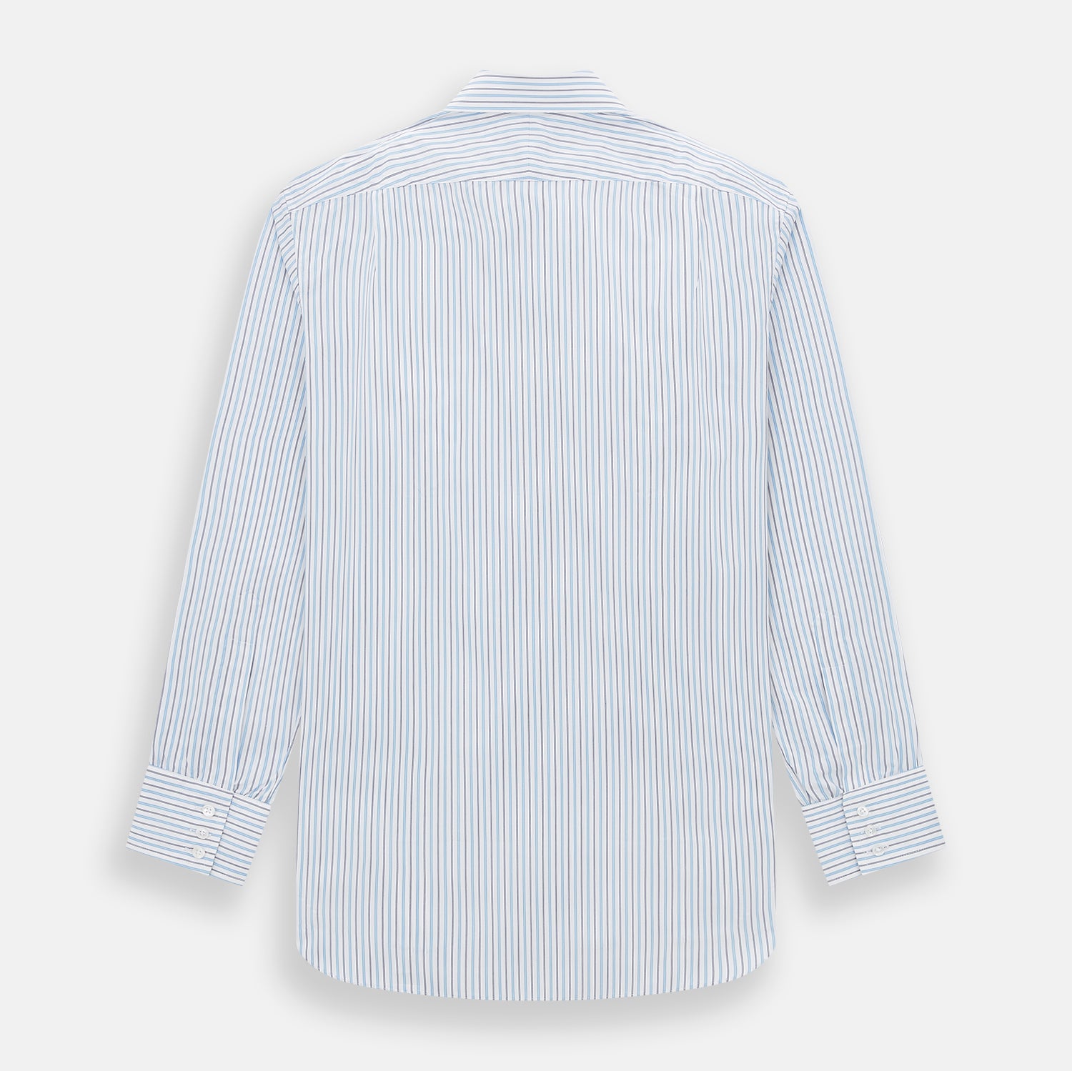 View 3 of product The Turnbull & Asser Blue Multi Halo Stripe Mayfair Shirt features long sleeves, a T&A collar with pointed tips, and buttoned cuffs, shown on a plain white background.