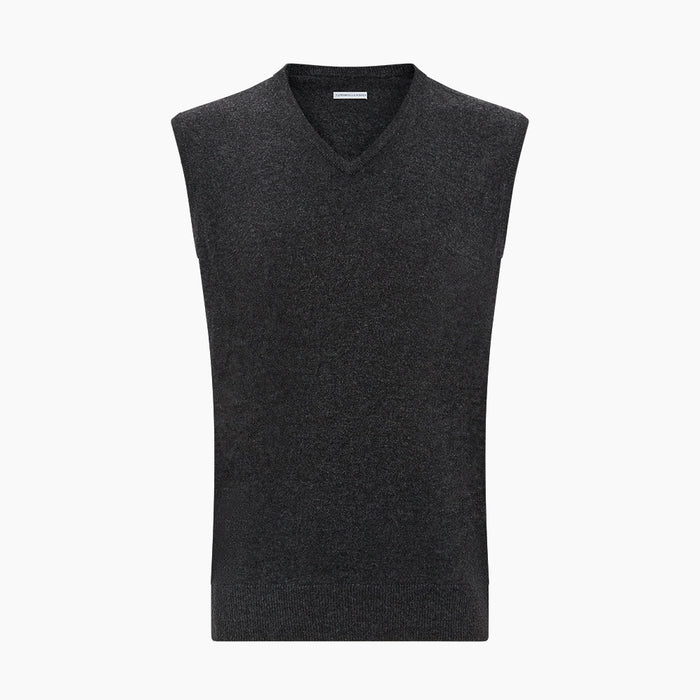 Charcoal Grey Melange V-Neck Sleeveless Cashmere Vest Image 3