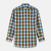 View 5 of product The Turnbull & Asser Green and Pink Multi-check Cotton Blend Regular Fit Mayfair Shirt features a classic T&A collar, white buttons, and an olive green, blue, white, and pink plaid pattern.