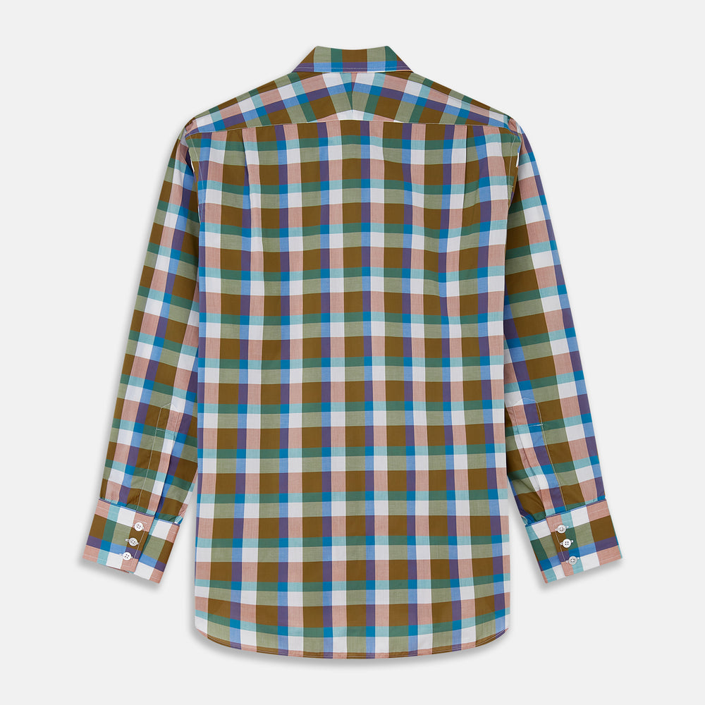 The Turnbull & Asser Green and Pink Multi-check Cotton Blend Regular Fit Mayfair Shirt features a classic T&A collar, white buttons, and an olive green, blue, white, and pink plaid pattern.