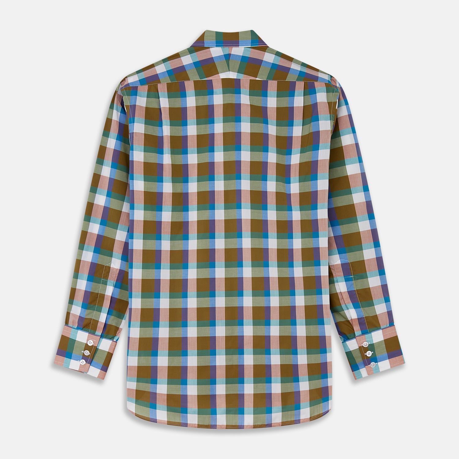 View 5 of product The Turnbull & Asser Green and Pink Multi-check Cotton Blend Regular Fit Mayfair Shirt features a classic T&A collar, white buttons, and an olive green, blue, white, and pink plaid pattern.