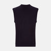 View 3 of product The Turnbull & Asser Dark Purple Fine Merino V-Neck Vest features ribbed edges and a sleeveless design, ideal for a gentleman’s style in cooler seasons, and is displayed on a plain white background.