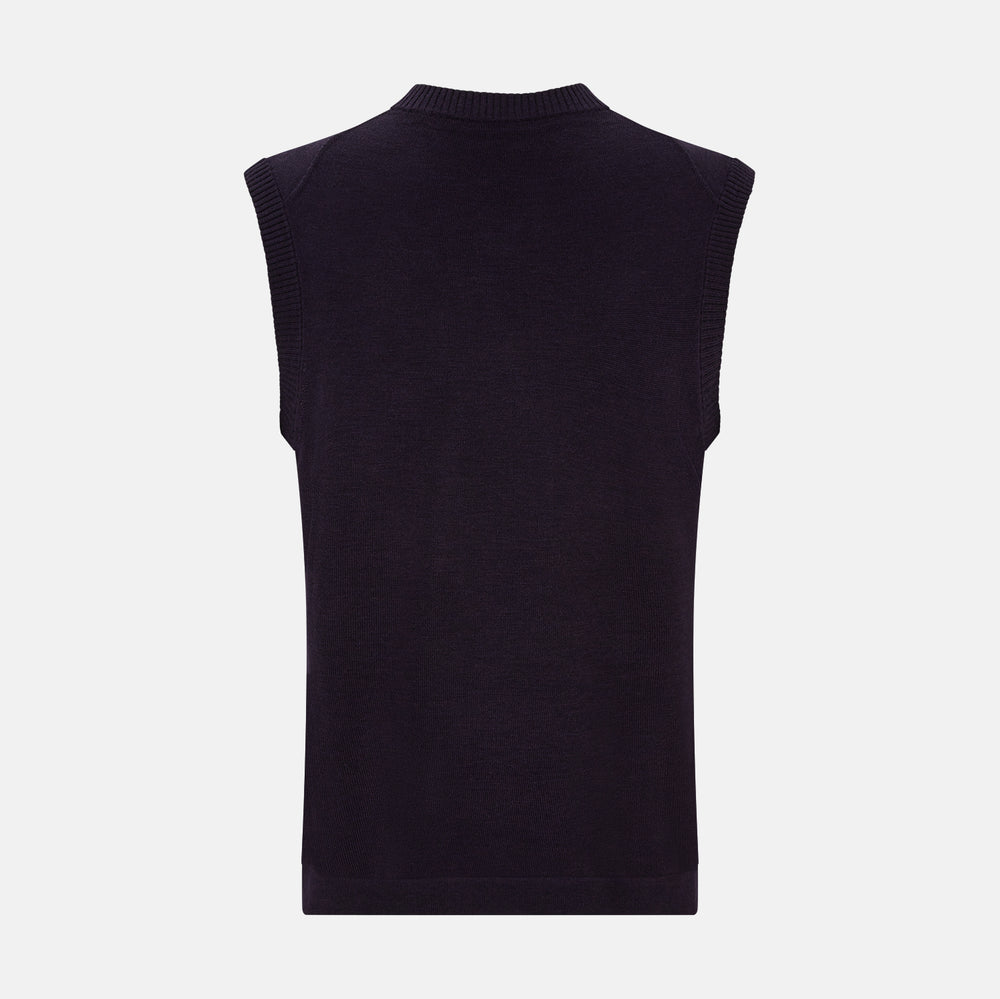 The Turnbull & Asser Dark Purple Fine Merino V-Neck Vest features ribbed edges and a sleeveless design, ideal for a gentleman’s style in cooler seasons, and is displayed on a plain white background.