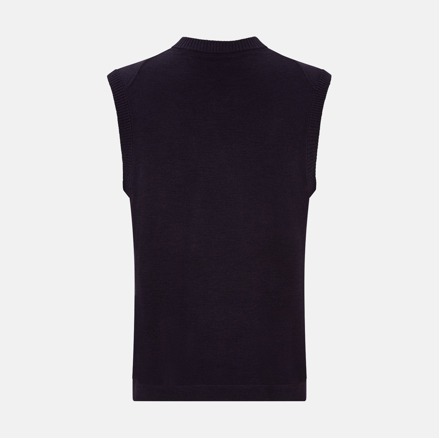 View 3 of product The Turnbull & Asser Dark Purple Fine Merino V-Neck Vest features ribbed edges and a sleeveless design, ideal for a gentleman’s style in cooler seasons, and is displayed on a plain white background.