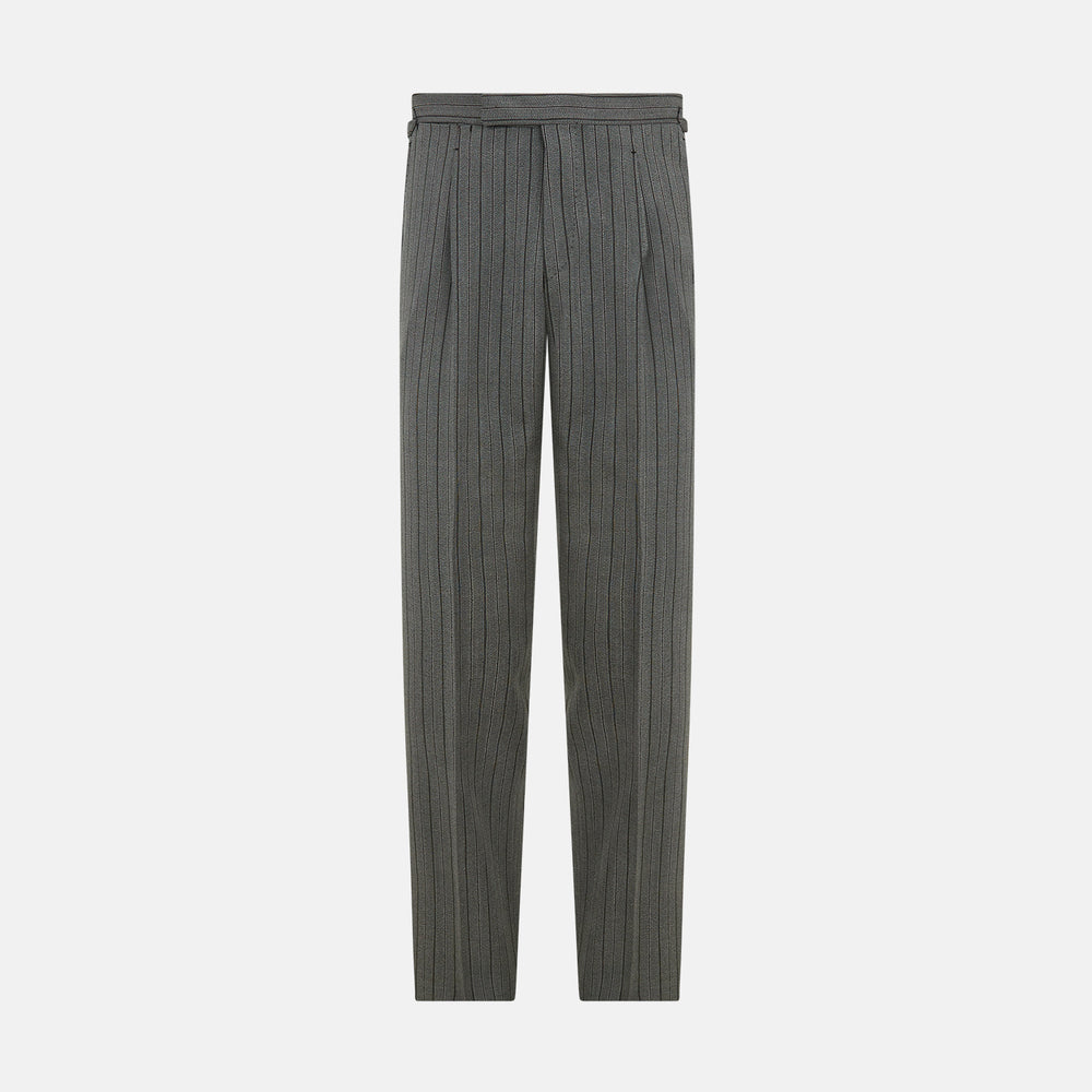 The Grey Multi Pinstripe Morning Dress Trousers by Turnbull & Asser feature a tailored fit, vertical black pinstripes, and a flat front design—ideal for formal wear. Shown against a plain white background.