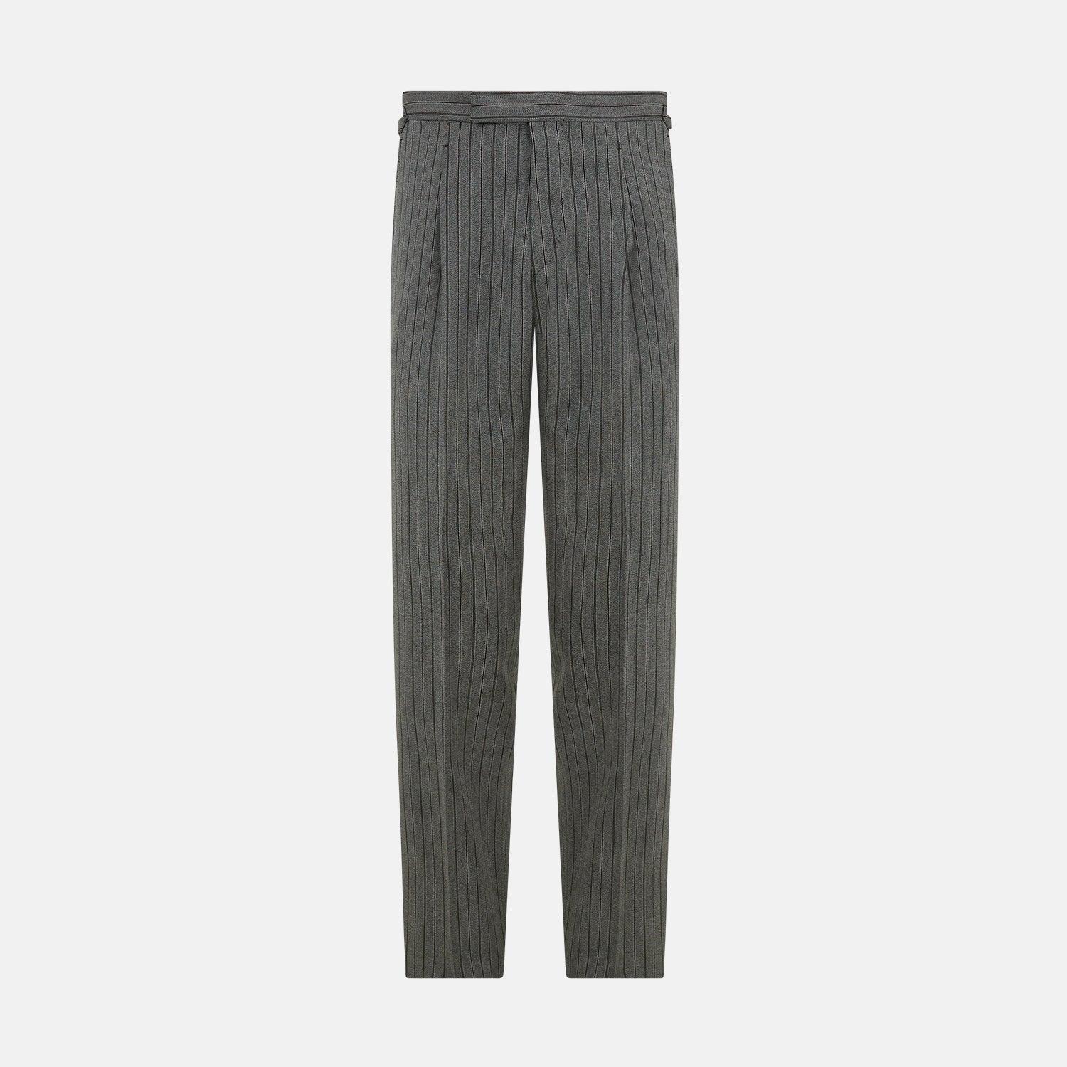 View 1 of product The Grey Multi Pinstripe Morning Dress Trousers by Turnbull & Asser feature a tailored fit, vertical black pinstripes, and a flat front design—ideal for formal wear. Shown against a plain white background.