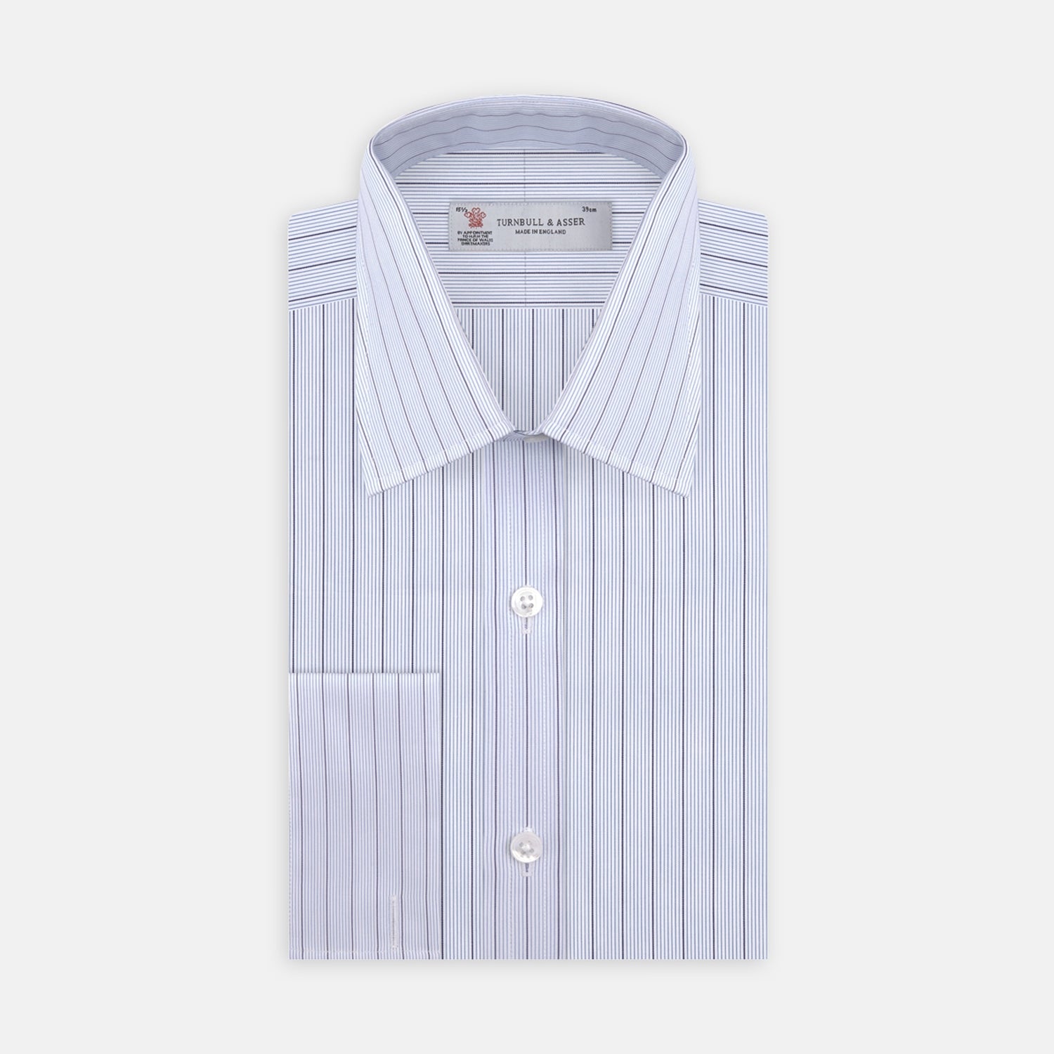 View 2 of product Close-up of Turnbull & Asser Blue and Navy Fine Stripe Cotton Fabric, showcasing alternating thin and thick navy stripes on light blue cotton, displayed within a circular frame on a white background.