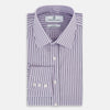 View 5 of product The Turnbull & Asser Lilac Ticking Stripe Mayfair Shirt in Italian cotton features long sleeves, a classic collar and cuffs, and is shown on a white background.