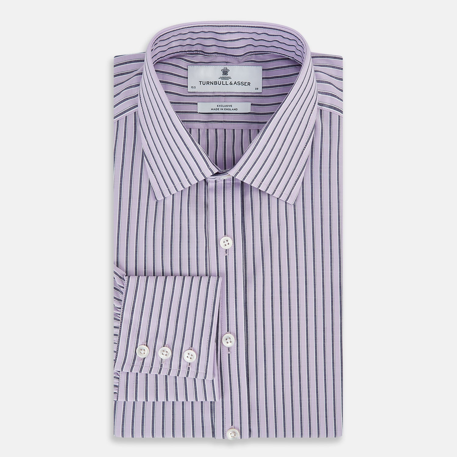 View 5 of product The Turnbull & Asser Lilac Ticking Stripe Mayfair Shirt in Italian cotton features long sleeves, a classic collar and cuffs, and is shown on a white background.