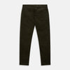 View 3 of product A pair of Turnbull & Asser Olive Green Cord Mylo Trousers, featuring a slim fit, five-pocket design, button closure, and belt loops, is shown laid flat on a white background.