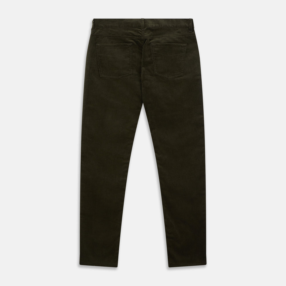 A pair of Turnbull & Asser Olive Green Cord Mylo Trousers, featuring a slim fit, five-pocket design, button closure, and belt loops, is shown laid flat on a white background.