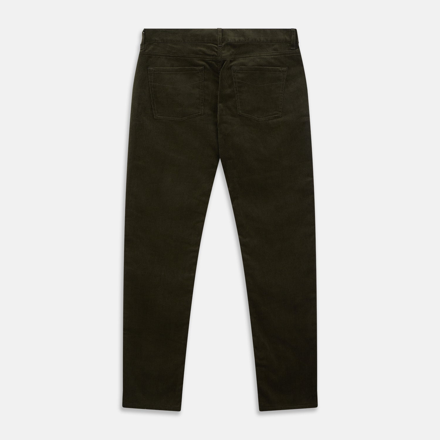 View 3 of product A pair of Turnbull & Asser Olive Green Cord Mylo Trousers, featuring a slim fit, five-pocket design, button closure, and belt loops, is shown laid flat on a white background.