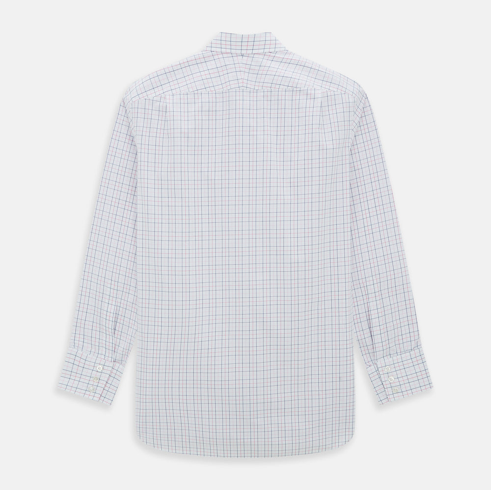 The Turnbull & Asser Pink Overlay Grid Check Mayfair Shirt is a long-sleeved, button-up with a collar and buttoned cuffs, featuring a white base and thin pink grid lines. Laid flat against a white surface.
