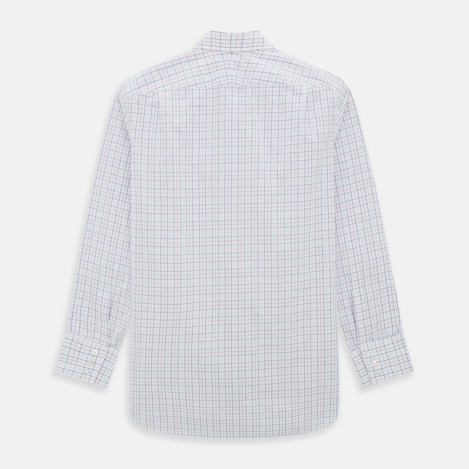 View 3 of product The Turnbull & Asser Pink Overlay Grid Check Mayfair Shirt is a long-sleeved, button-up with a collar and buttoned cuffs, featuring a white base and thin pink grid lines. Laid flat against a white surface.