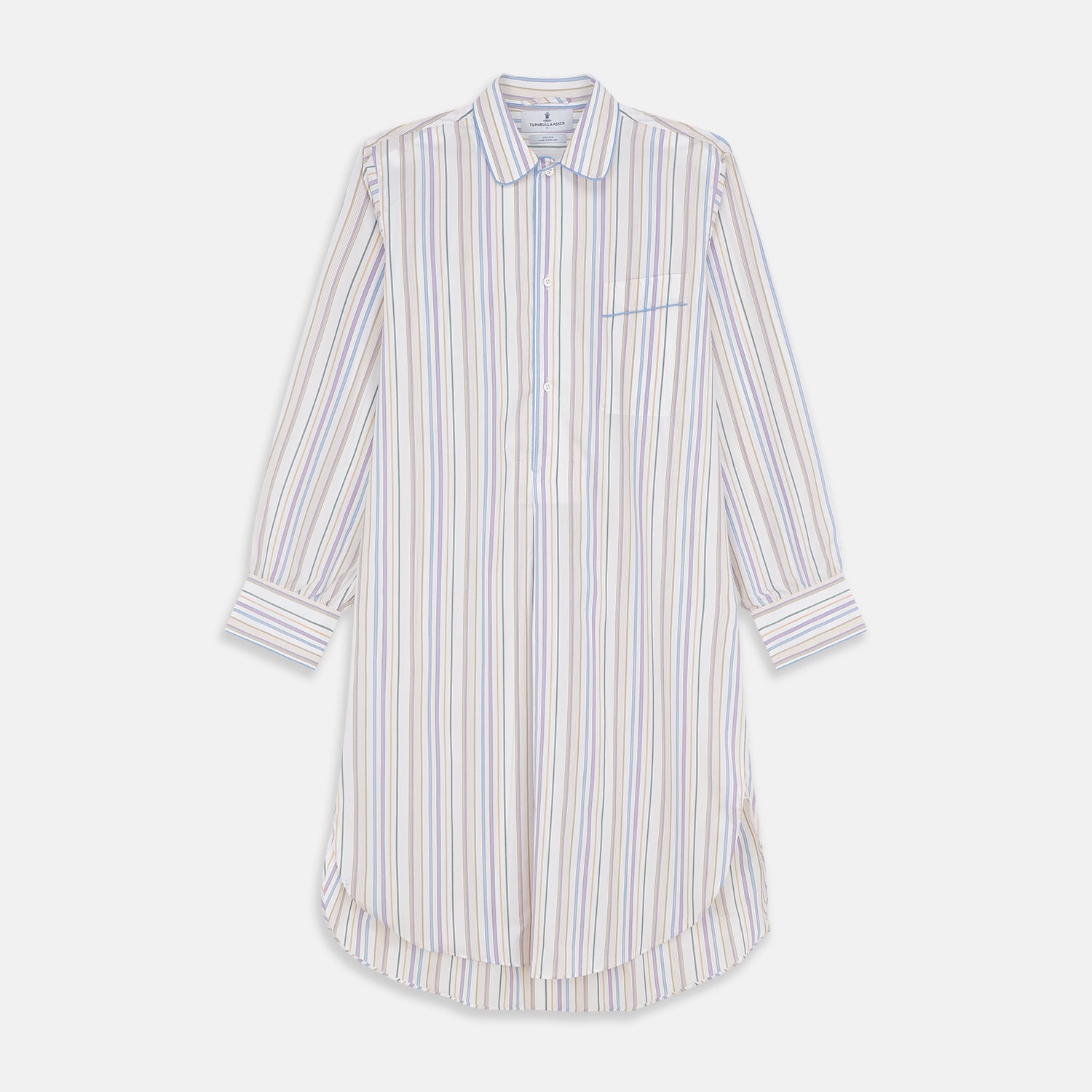 View 1 of product The Turnbull & Asser Colourful Garden Multi Stripe Cotton Sussex Nightshirt is UK-made, featuring vibrant stripes on white for timeless style and luxurious sleepwear comfort.