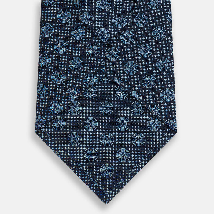 Navy Medallion Printed Silk Tie Image 2
