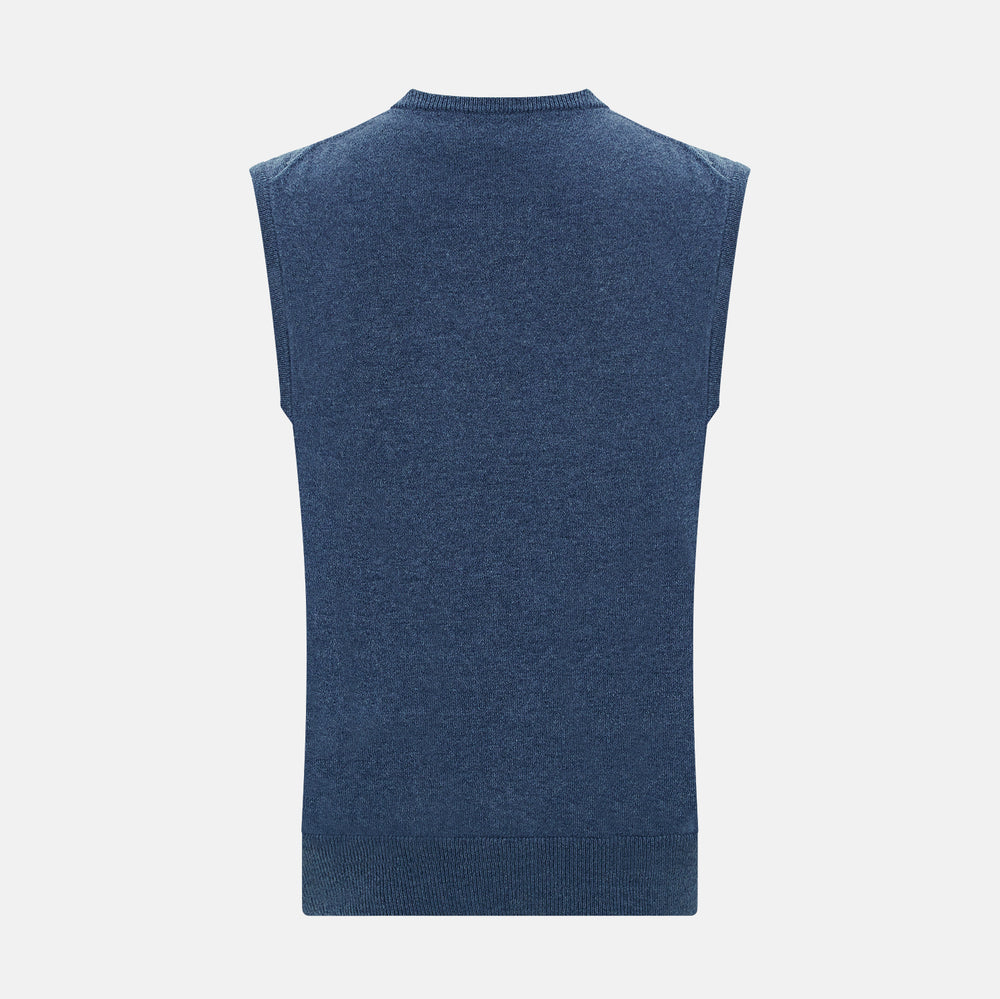 Turnbull & Asser’s Pacific Blue Cashmere Round Neck Vest features a sleeveless design with ribbed collar, armholes, and hem, showcased against a plain white background.