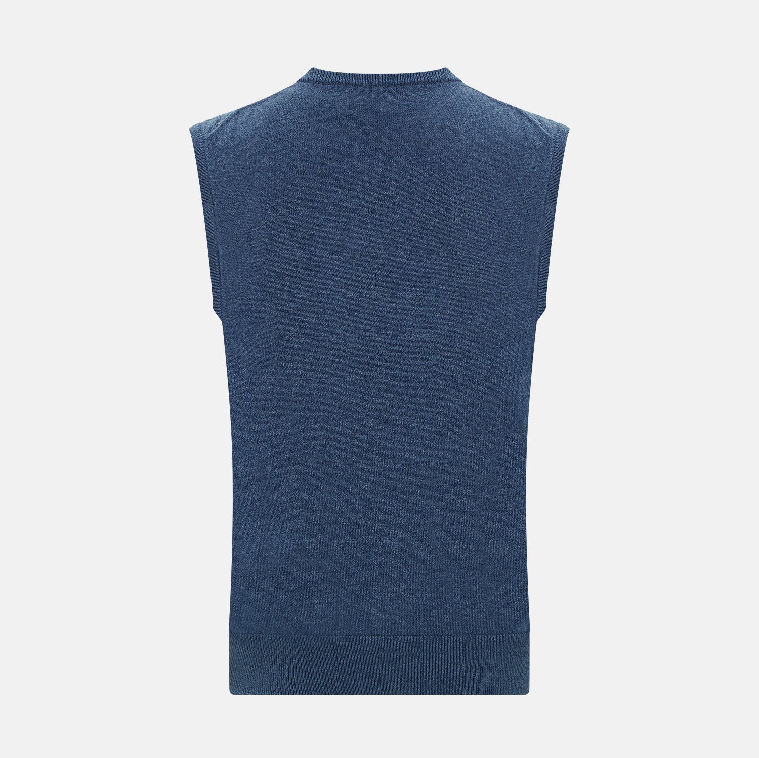View 3 of product Turnbull & Asser’s Pacific Blue Cashmere Round Neck Vest features a sleeveless design with ribbed collar, armholes, and hem, showcased against a plain white background.