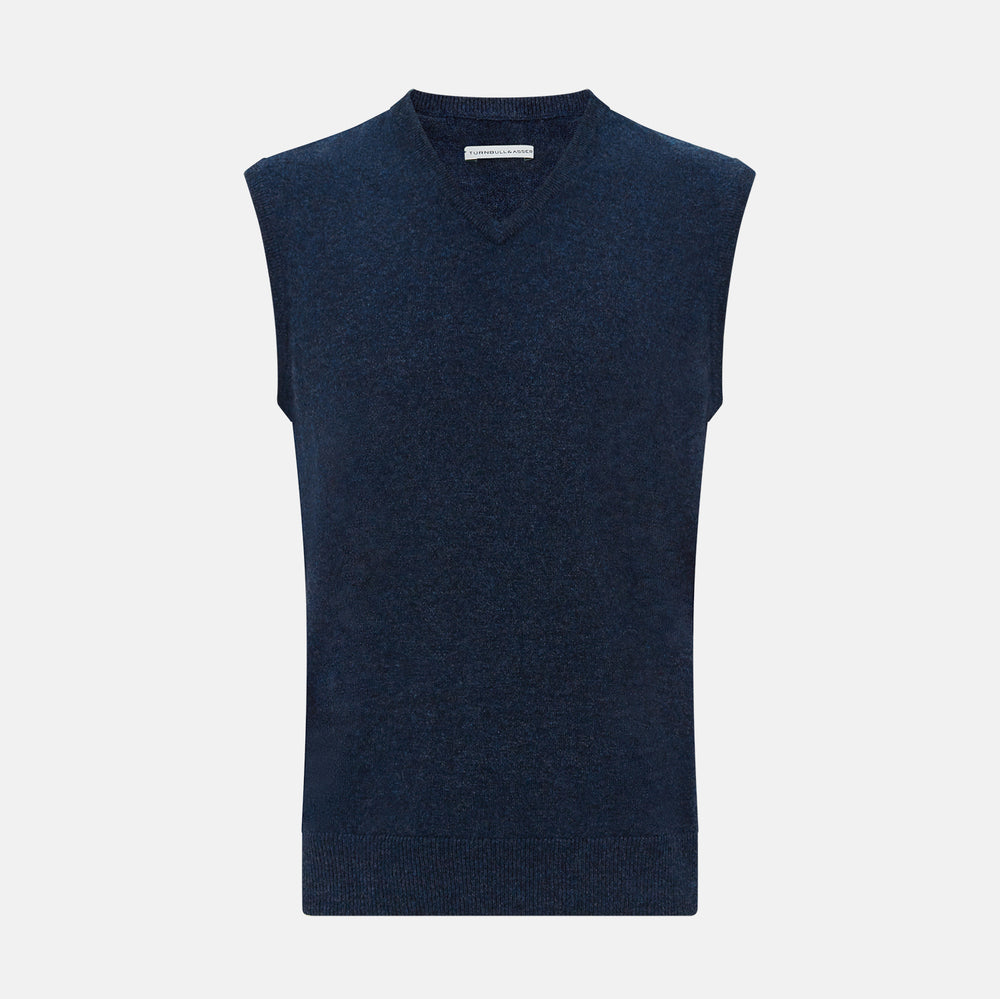 The Turnbull & Asser Navy Melange V-neck Cashmere Vest is a sleeveless jumper with a classic, pattern-free design, showcased against a plain white background for an elegant and timeless look.