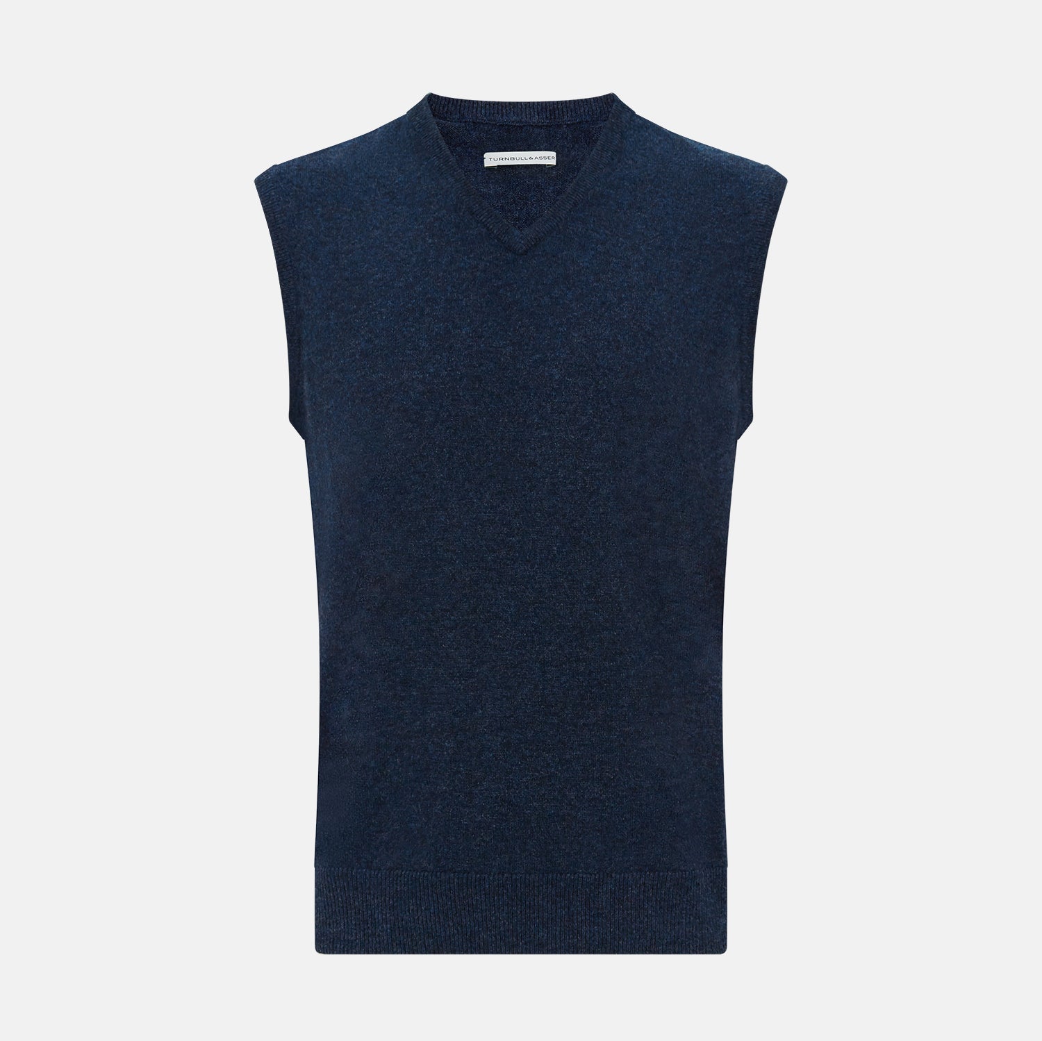 View 1 of product The Turnbull & Asser Navy Melange V-neck Cashmere Vest is a sleeveless jumper with a classic, pattern-free design, showcased against a plain white background for an elegant and timeless look.