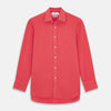 View 1 of product The Turnbull & Asser Coral Pink Silk Regular Fit Mayfair Shirt features long sleeves, a classic collar, and white buttons, displayed laid flat on a plain white background.
