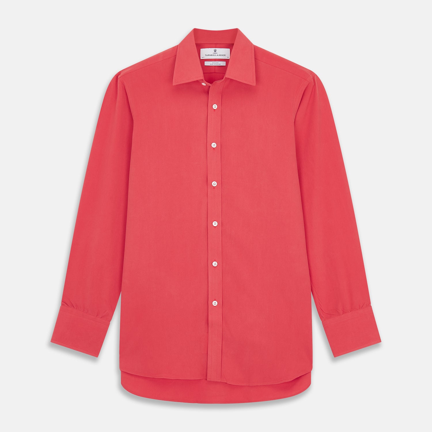 View 1 of product The Turnbull & Asser Coral Pink Silk Regular Fit Mayfair Shirt features long sleeves, a classic collar, and white buttons, displayed laid flat on a plain white background.