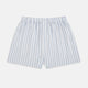 Turnbull & Asser Blue Fine Track Stripe Godfrey Boxer Shorts, crafted from premium Italian cotton with an elastic waistband, are shown laid flat on a white background.