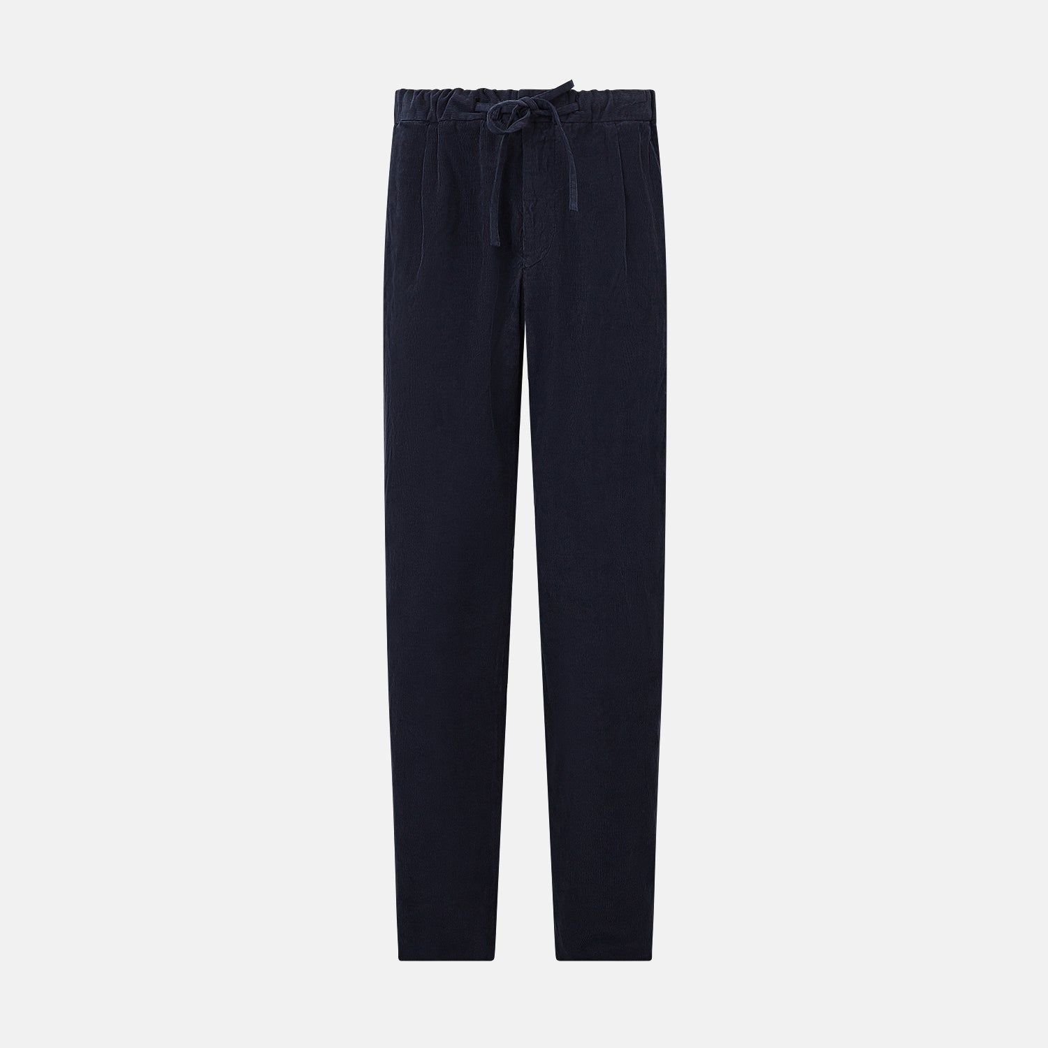 View 1 of product Turnbull & Asser's Light Navy Corduroy Miles Trousers feature a straight-leg stretch fit, elasticated waist, and matching fabric drawstring, shown on a plain white background.