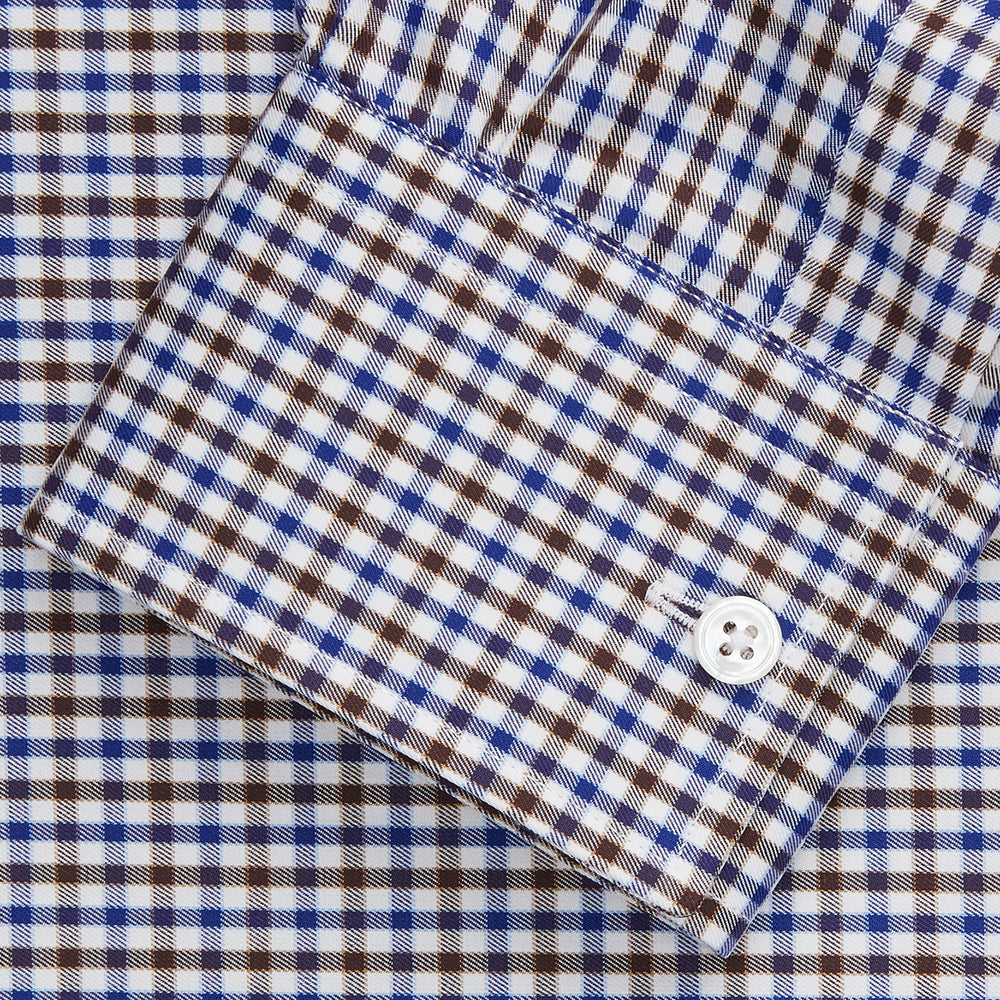 A must-have for any men's wardrobe, the Turnbull & Asser Brown and Blue Cotton Multi Check Weekend Fit Finch Shirt features long sleeves, button-down design, collar, and buttoned cuffs in a stylish check pattern.