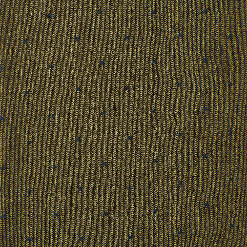 A single Khaki and Navy Polka Dot Cotton Mid-length Sock by Turnbull & Asser, made in England, is displayed upright on a plain white background.