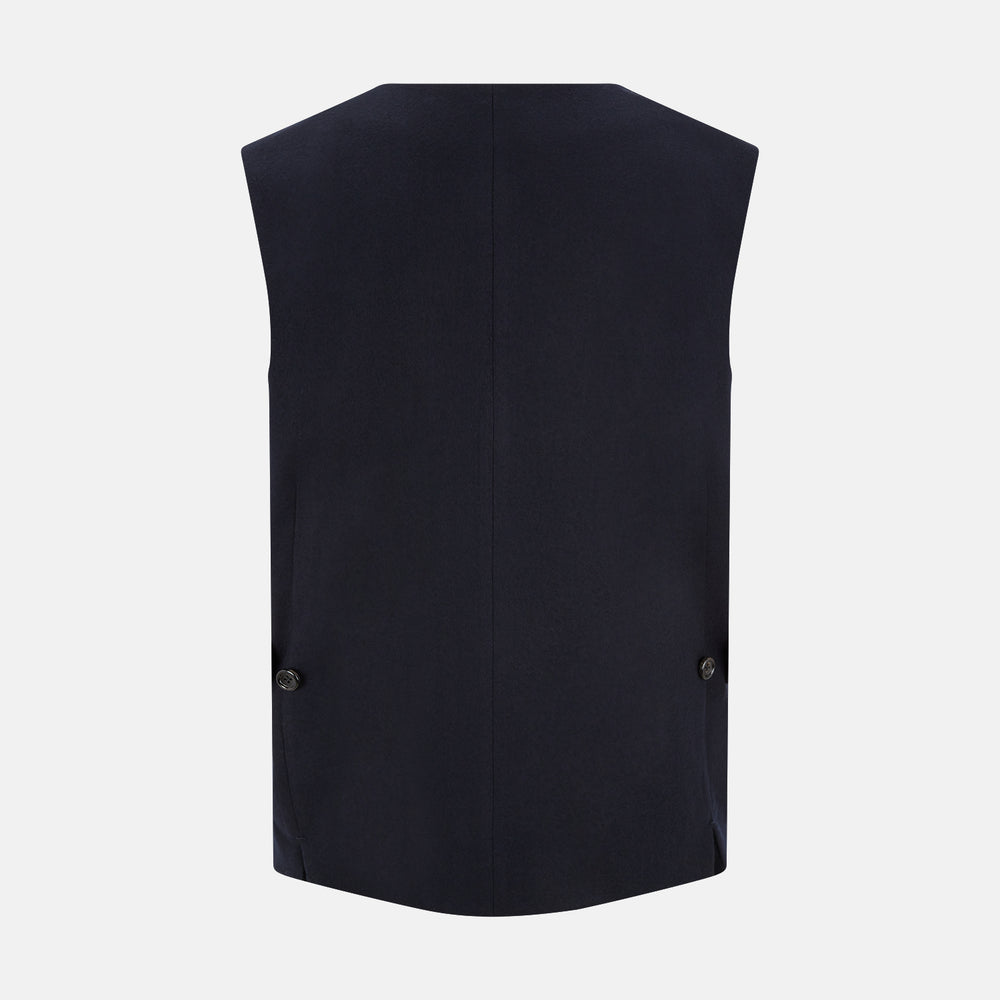 The Turnbull & Asser Navy Single-breasted Waistcoat is a sleeveless wool-cashmere piece with a small chest pocket and two side pockets, shown against a white background—an ideal addition to your winter wardrobe.
