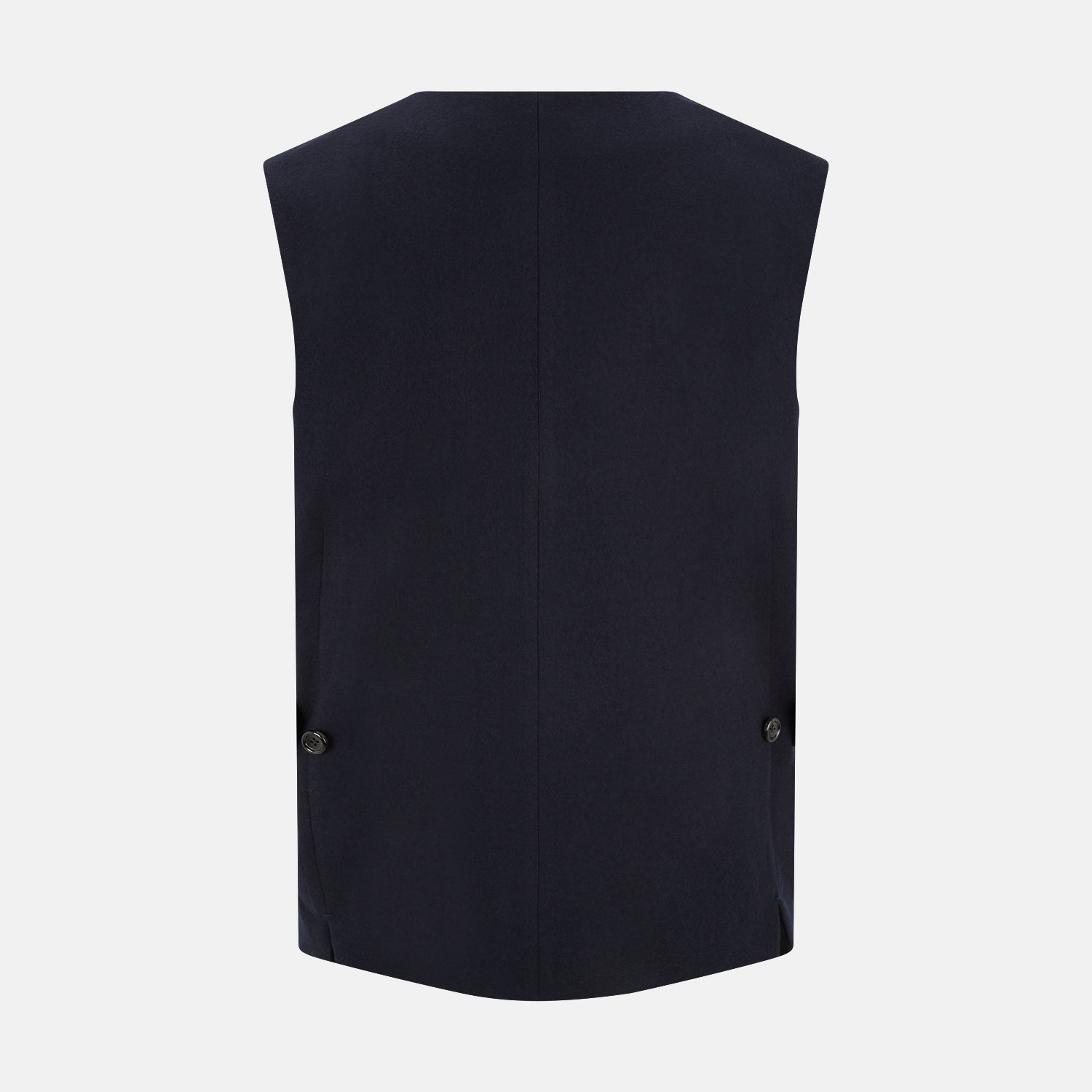 View 4 of product The Turnbull & Asser Navy Single-breasted Waistcoat is a sleeveless wool-cashmere piece with a small chest pocket and two side pockets, shown against a white background—an ideal addition to your winter wardrobe.