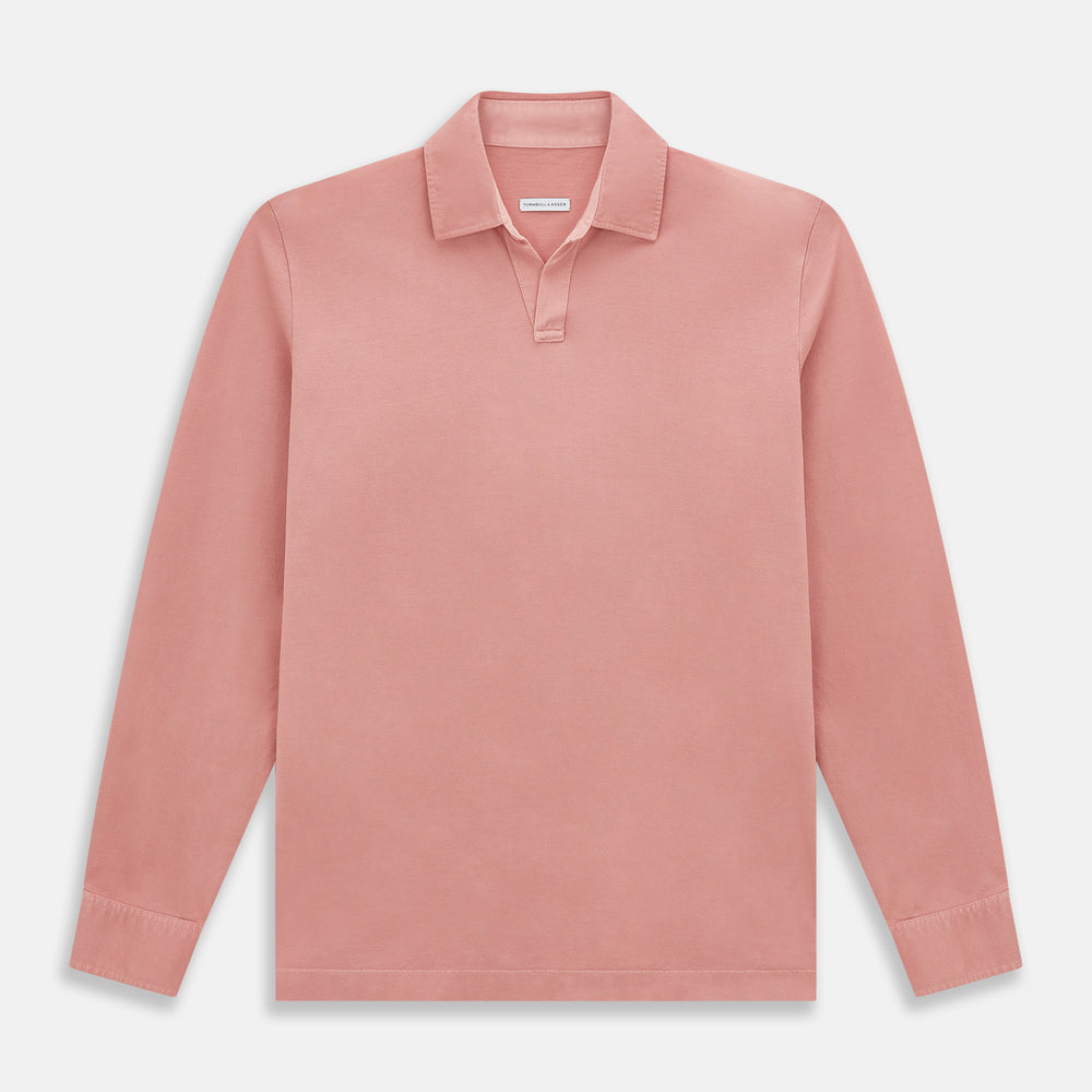 A Turnbull & Asser Red Rugby Polo Shirt with long sleeves, a collared neckline, v-neck opening, and no buttons is laid flat on a white background.