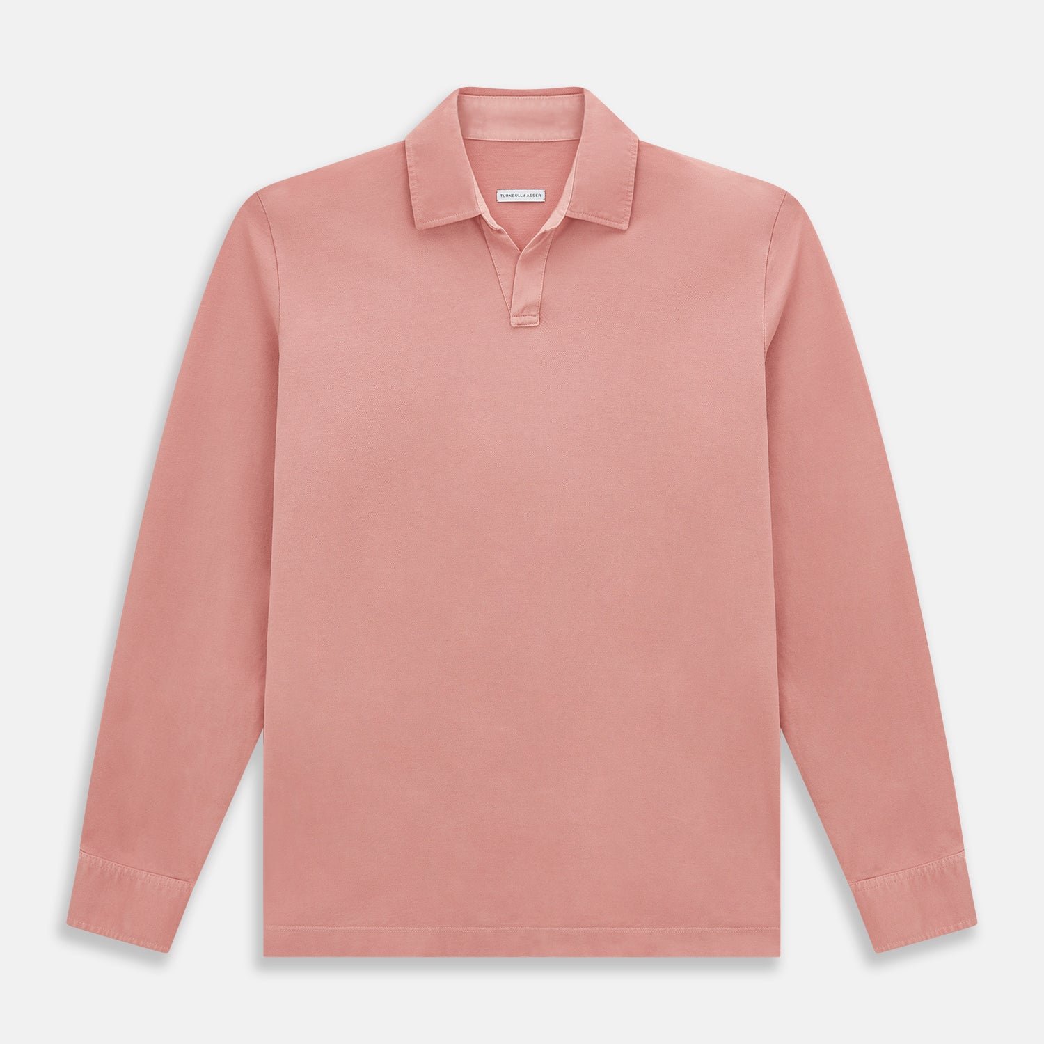 View 1 of product A Turnbull & Asser Red Rugby Polo Shirt with long sleeves, a collared neckline, v-neck opening, and no buttons is laid flat on a white background.