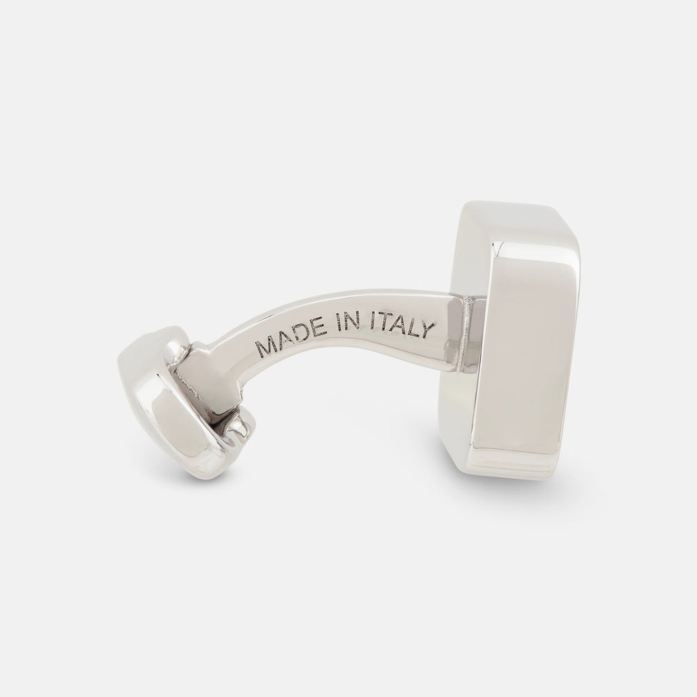 Turnbull & Asser Malachite Square Cufflinks feature green, wavy-striped stone inlays set in sterling silver and are shown against a white background.