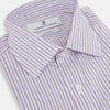 View 2 of product The Turnbull & Asser Purple Ticking Stripe Mayfair Shirt is a long-sleeve button-up with a T&A collar and slim blue-and-white vertical stripes, shown on a white background.