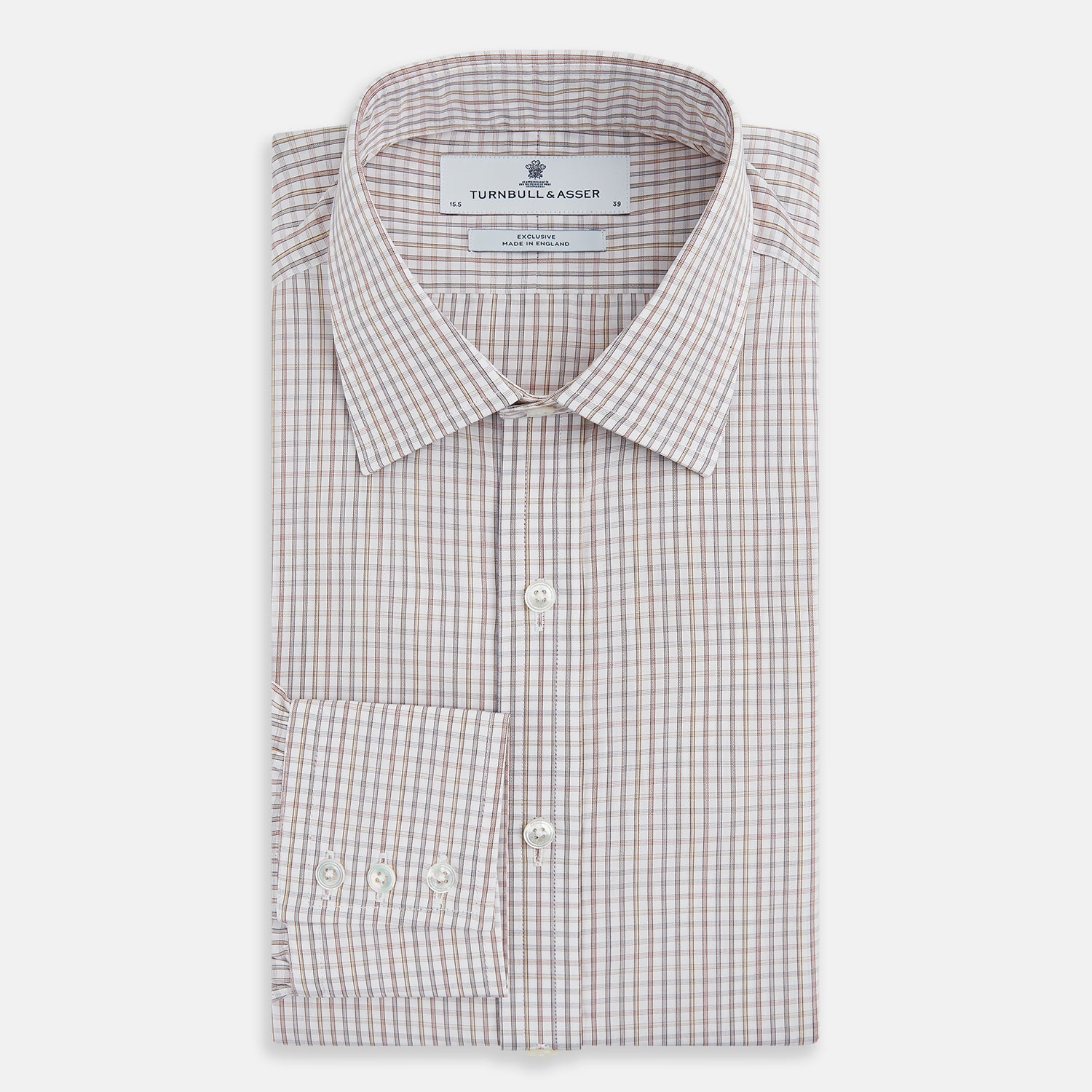 View 5 of product The Turnbull & Asser Multicoloured Check Mayfair Shirt is a long-sleeve, button-up shirt with a classic collar and buttoned cuffs, showcasing a true British checkered pattern on a white background.