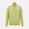 View 1 of product The Turnbull & Asser Melon Green Half-Zip Cashmere Jumper features long sleeves, a high collar, and half-zip front—ideal knitwear for layering. Shown on a plain white background.